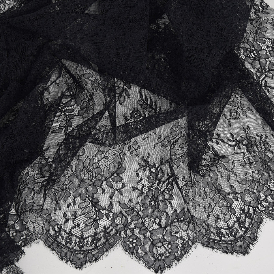 Black Lisianthus, Double Scallop Border. Stretch Lace Fabric. SL