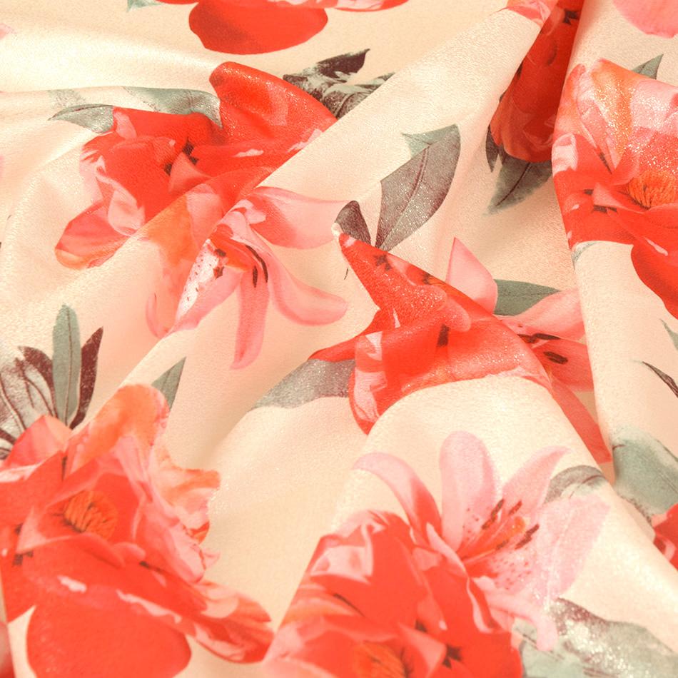 Coral & Cream Floral Pint Satin 2808 - Fabrics4Fashion