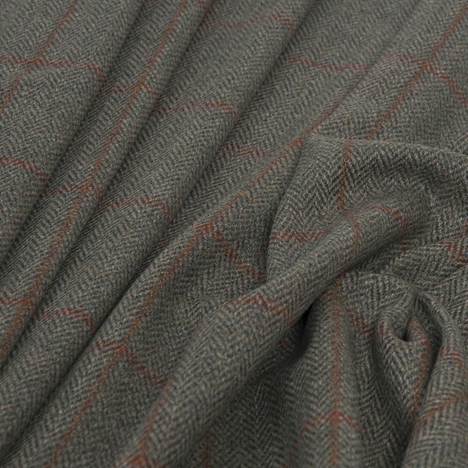 Green & Orange Wool Herringbone Check 1566 - Fabrics4Fashion