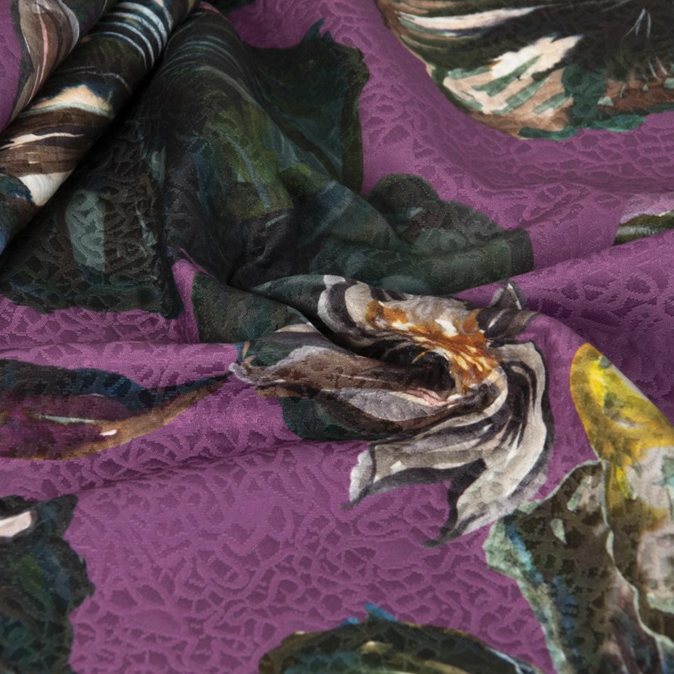 Purple &amp; Green Floral Print Over Jacquard 2584 - Fabrics4Fashion
