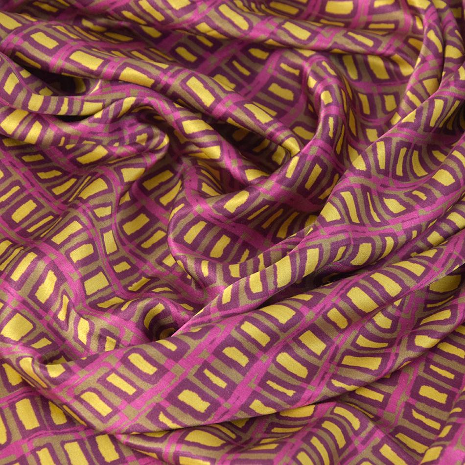 Yellow & Pink Geometric Printed Silk Satin 3370 - Fabrics4Fashion