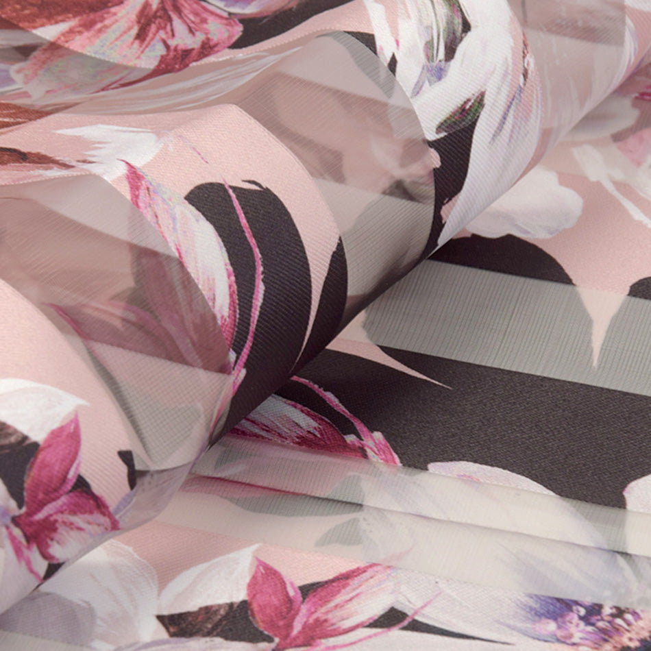 Floral Printed Organza Stripe Polyester 3069 - Fabrics4Fashion